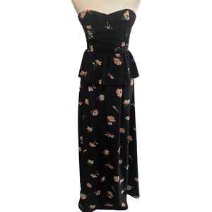 MM Couture black floral print strapless peplum maxi dress Size XS